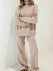 2 piezas Conjunto de suéter de unicolor para mujer, para uso diario, otoño/invierno