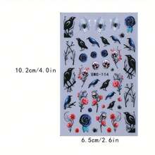 2pcs Halloween-Themed Nail Stickers With Skulls, Roses, Birds & Spiders - Self-Adhesive, Glossy Finish, Single Use, Perfect For Scary Season Manicures, Halloween Nail Art | Skull & Rose Design | Glossy Finish Stickers, Halloween Nail Stickers - 彩色 - 查看 8