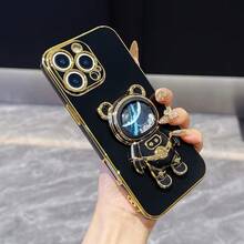 时尚星空宇航员流沙熊折叠支架手机壳，防震电镀软壳，兼容 17/6/7/8/X/XS/XR/11/12/13/14/15/16、Galaxy S25 S26 A02s-A07-A17-A26-A71、OPPO、Infinix、荣耀、红米、摩托罗拉、Reno、Magic 等机型。 - 黑色 - 查看 3