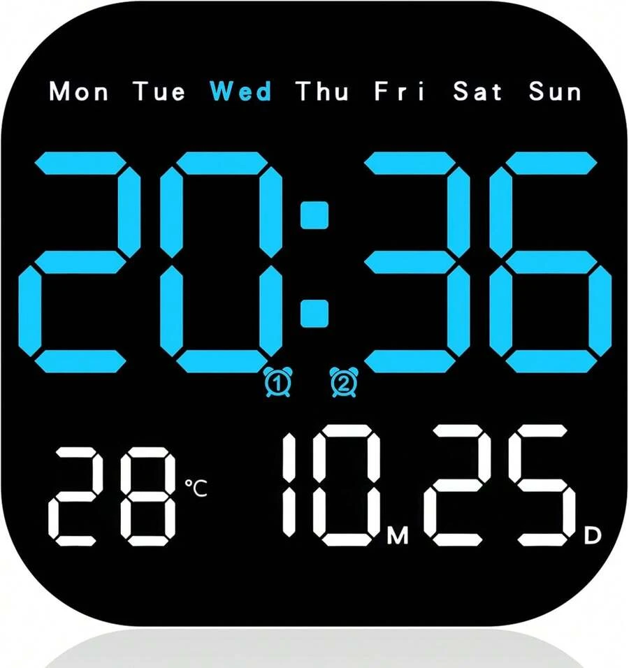 Reloj de pared digital, Se Puede Colgar o Colocar Pie Reloj Despertador de visualización con Control Remoto, Reloj Digital con Luz Nocturna, Fecha Semana, Temperatura para recámara (Azul) - A - Ver 1