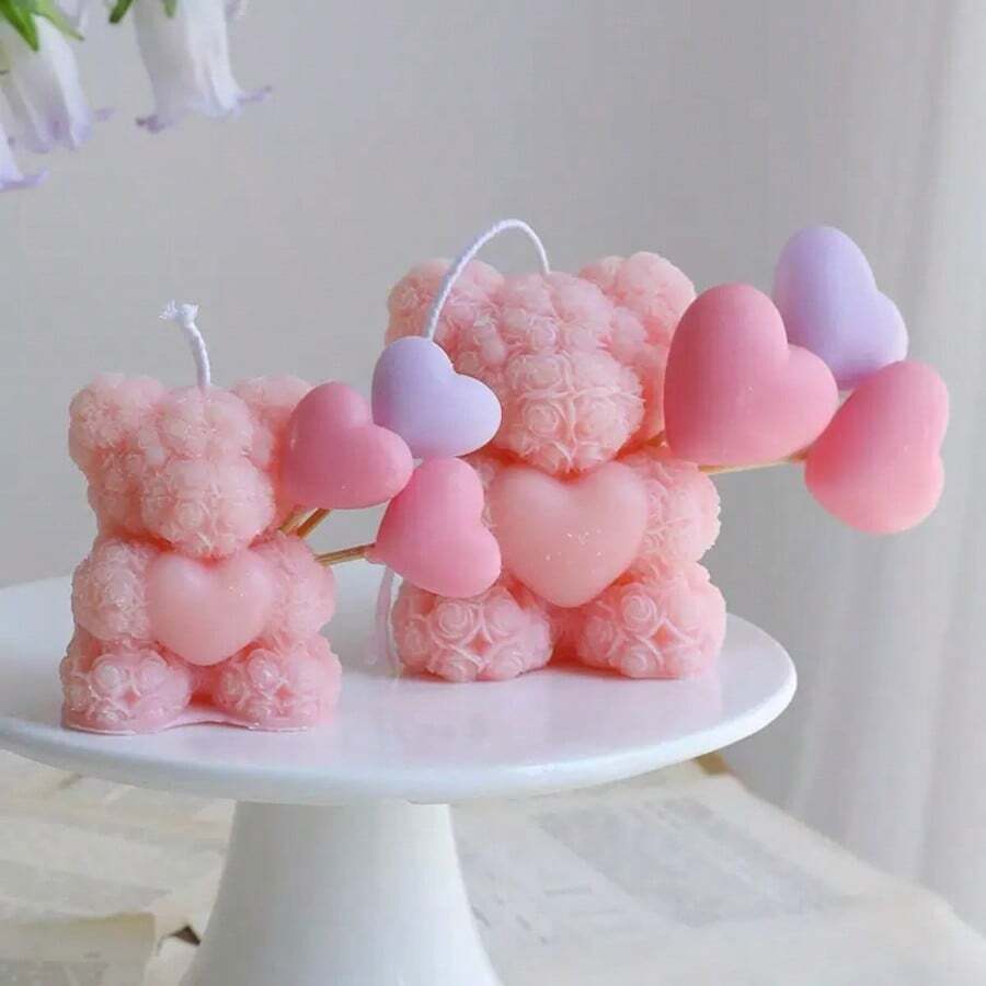 情人节玫瑰熊香氛蜡烛硅胶模具 DIY创意心形玫瑰熊香氛石膏树脂玫瑰熊家居装饰模具，节日礼物工艺品