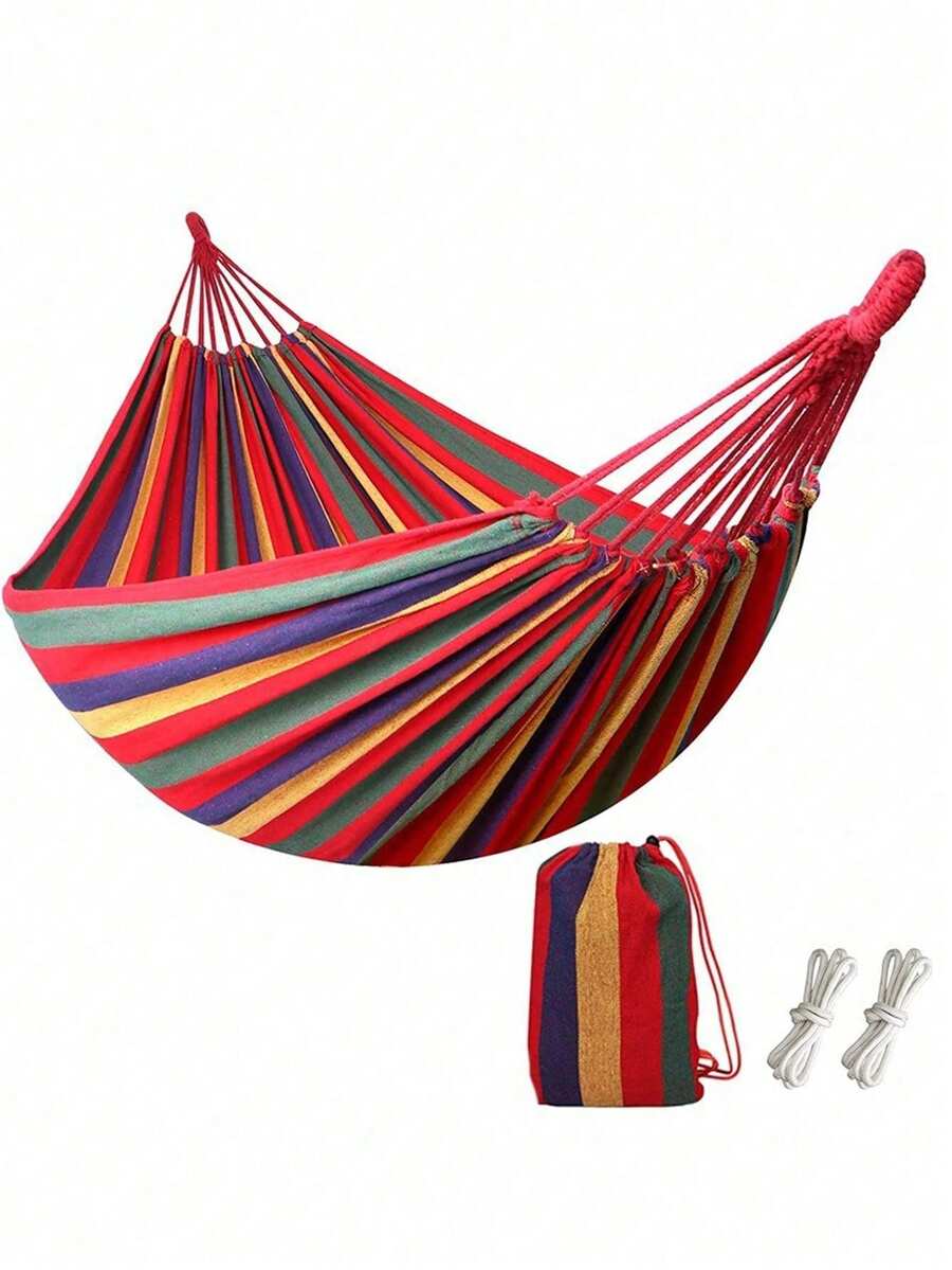 Hamaca para acampar con tela de lona gruesa, dos vigas de equilibrio antivuelco y resistentes correas de metal anudadas para árboles, adecuada para viajes, playa, patio trasero y más. - Rojo - Ver 1