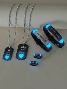 ATLVXJL 6pcs/Set Couple Friendship & Love Glow-In-The-Dark Heart, Crown, Her King & His Queen Pendant Necklace, Silicone Bracelet, Ring Jewelry Set, Casual Accessories Suitable For Daily Wear And Holiday Gift