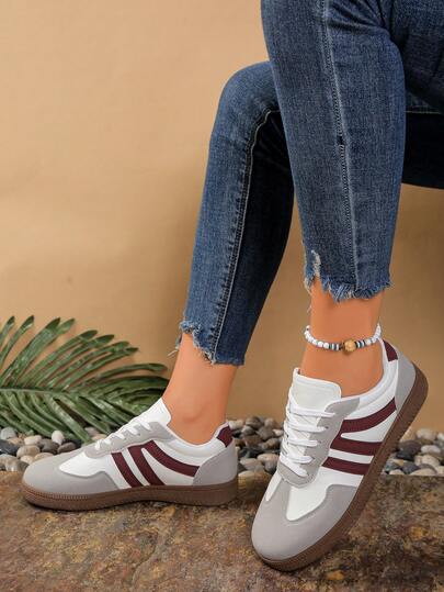 Women's Multifunctional Fashion Casual Shoes, Flat Non-Slip Lace-Up Round Toe Rubber Sole Casual Sneakers, Black & Khaki Color Block, Daily Match, Shoes, Casual Shoes, Size 36-41,