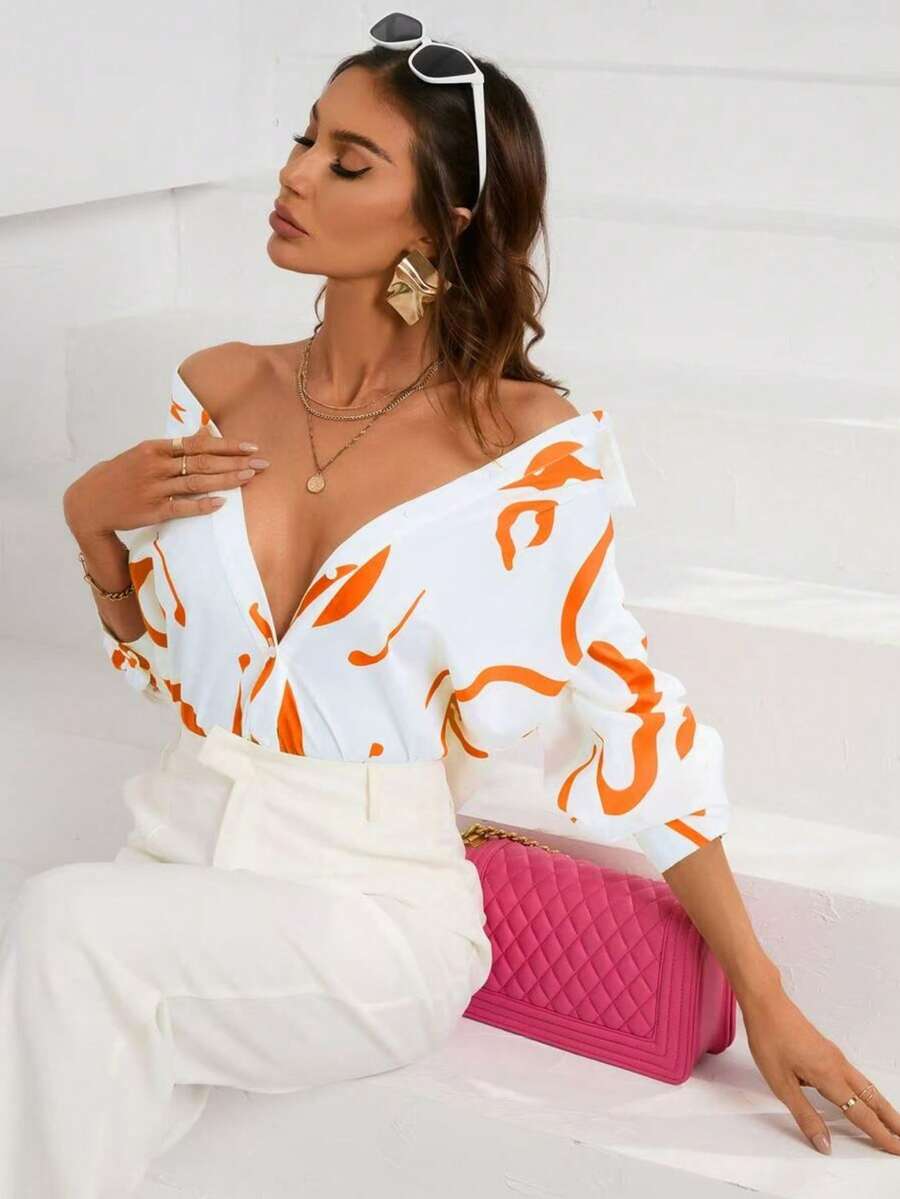 Women's Casual Vacation Style All-Over Print Long Sleeve Loose Shirt, Spring/Autumn