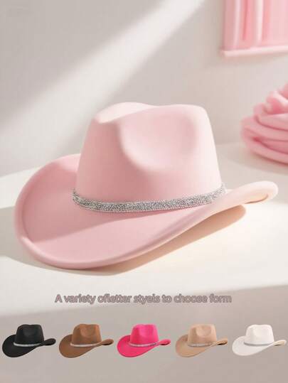 Chapéu de feltro feminino com aba larga e formato de coração, decorado com strass e cinto largo, adequado para atividades ao ar livre, festas, apresentações, estilo cowboy, design unissex para férias, encontros