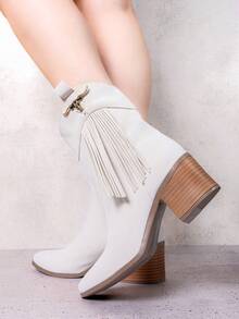 Botas de Estilo Western Negras con Flecos y Adorno de Toro  Sexy    Cremallera lateral    western  Vacaciones    invierno - Gris Claro - Ver 3