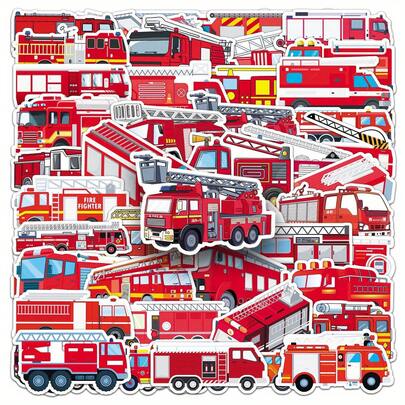 50pcs Fire Truck Cartoon Graffiti Stickers, Decorative For Packaging, Handbags, Water Bottles, Phones, Laptops, Skateboards, Luggage