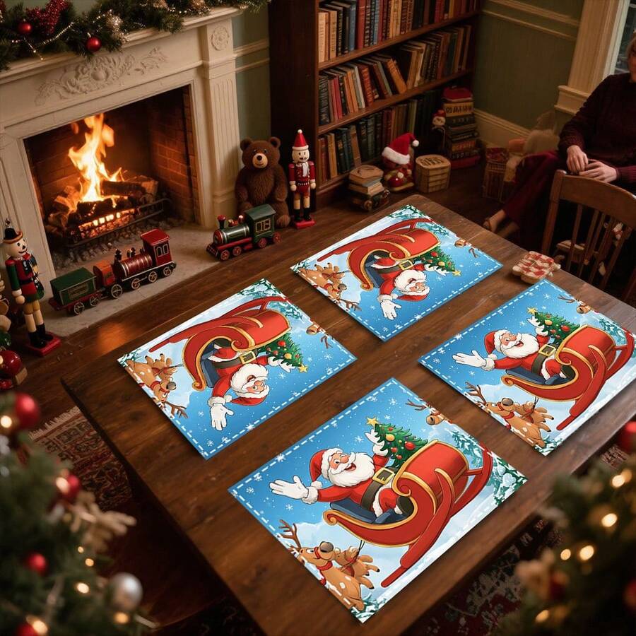 1 set/1 pieza/4 piezas/6 piezas Manteles individuales con estampado de trineo de renos navideños, manteles individuales rectangulares de poliéster lavables a máquina, protectores de mesa, manteles individuales termoaislantes, decoraciones de mesa de restaurante, suministros para fiestas, decoraciones navideñas que pueden regalarse
