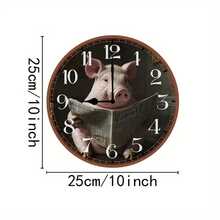 1 Silent Round Wall Clock With Fun Pig Design Reading Newspaper - 10inch Artificial Wood Quartz Clock, Suitable For Bedroom, Office, Home Decoration - Requires AA Batteries (Not Included) - Unique Gift Idea, Living Room Wall Clock
