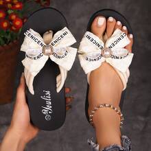 Sandalias de dedo con lazo de encaje de moda para el verano, con decoración de punta abierta y elementos glamorosos de perlas, regalo perfecto para mujeres y niñas