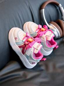 1 Pair Fuchsia Children's Casual Sports Shoes, Leather Sneakers, Breathable, Comfortable, Hook And Loop, Suitable For Kids In Spring/Summer, Autumn/Winter - Hot Pink - View 3
