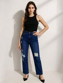 Jeans Rectos Rasgados con Tiro Alto Tandera - Azul - Ver 1