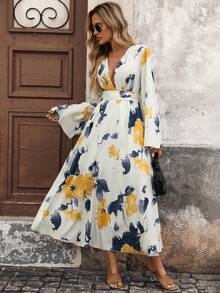Women's Retro Floral Print & Leaf Pattern Long Dress