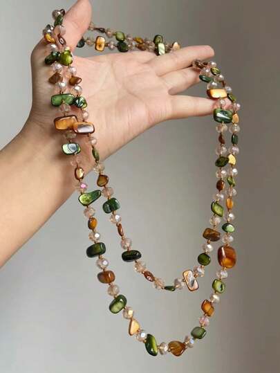 1 Lady's Retro Necklace, Bohemian Colored Shell Beaded Double-Layer Necklace, Retro Light Luxury Holiday Long Necklace That Can Be Stacked,The Colors Of The Stones And Beads Are Random,The Shape Of The Stone Is Random