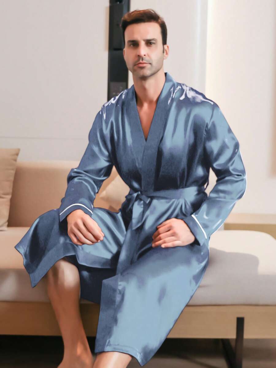 Men's Satin Long Sleeved Simple Casual Solid Color Robe, Winter - Baby Blue - View 1