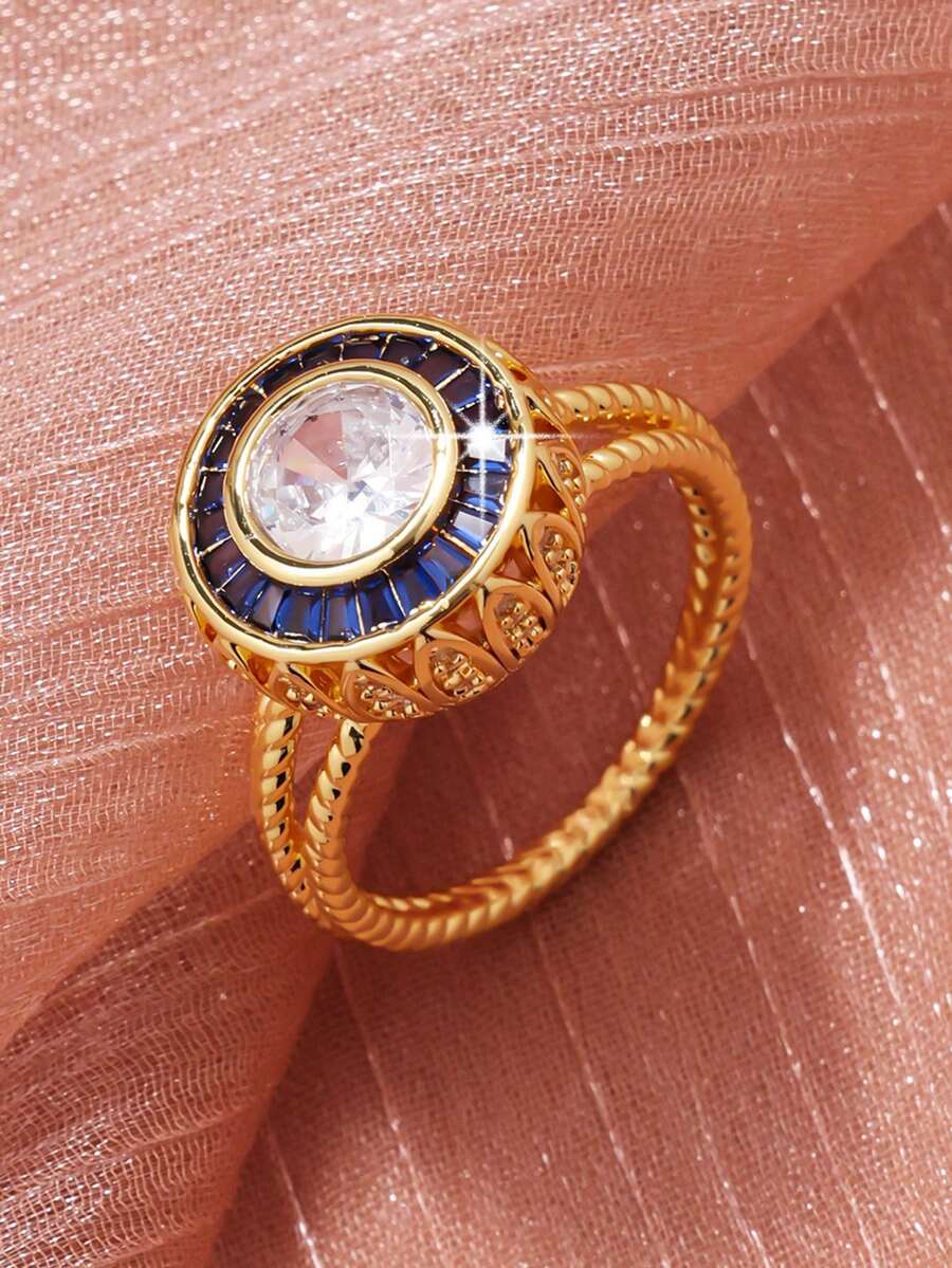 1枚时尚奢华圆形合成立方氧化锆男士戒指，适合日常佩戴、派对、节日、生日、情人节、圣诞节、新年礼物 - 金黃色 - 查看 1