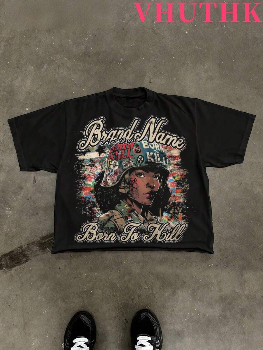 VHUTHK (180 Cotton T-Shirt) Big Eyed Child Print Men's Summer Round Neck Short Sleeved Casual Cotton Print - 黑2 - 查看 1