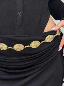 1pc Bohemian Oval Gold Waist Chain, Women's Fashion Body Jewelry Accessory, Suitable For Halloween, Summer, School Autumn, Autumn Dress And Jeans Outfit