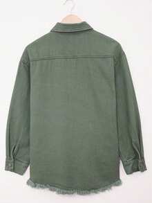 Women's Solid Color Casual Denim Jacket With Pockets & Frayed Edges, Long Sleeve, Spring Autumn - Green - View 6