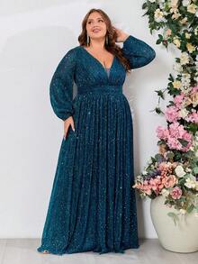 Vestido formal de fiesta con cuello en V, manga farol y brillo para tallas grandes