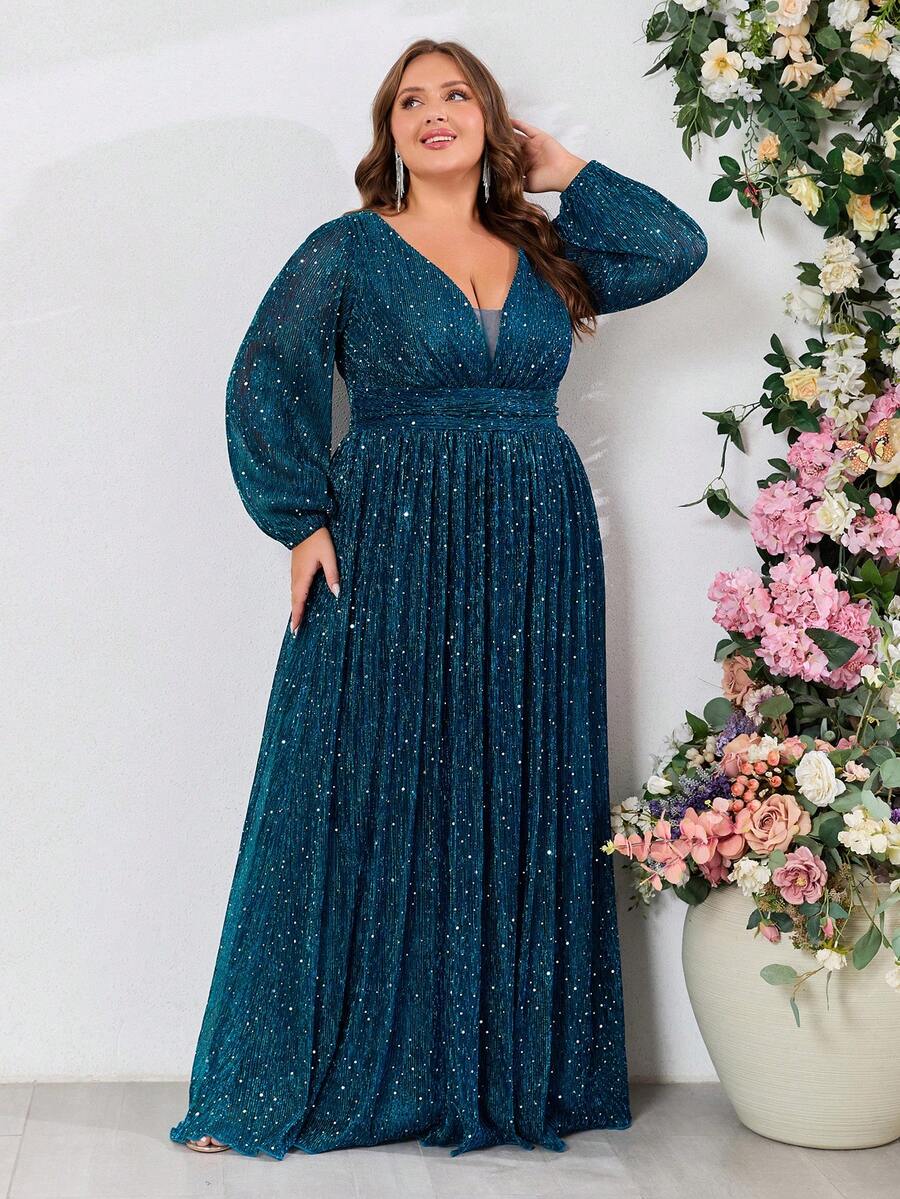 Vestido formal de fiesta con cuello en V, manga farol y brillo para tallas grandes