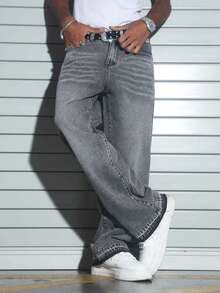 男士休闲街头水洗斜插口袋阔腿牛仔裤 - 灰色 - 查看 6