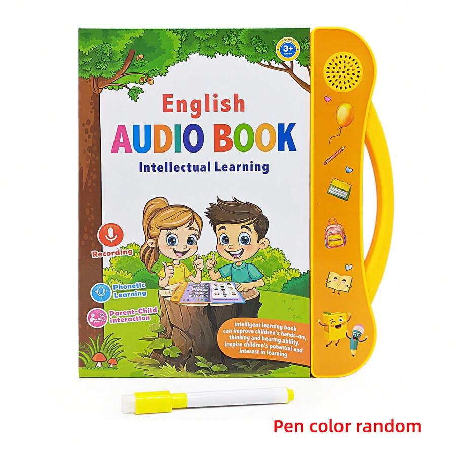 1 Set Interactive English Talking Pen Reading Book, Includes: 1 Recordable Reading Book, 1 Erasable Marker Pen (Random Color), Covers Content Like Alphabet, Numbers, Fruits, Animals, Vehicles, Relationships, Instruments, Nursery Rhymes, Stories; Requires 3 AA Batteries (Not Included) - Yellow - View 1