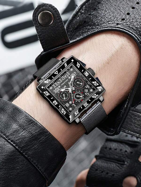 GUANQIN ساعة رجالية مقاومة للماء ومضيئة، مع كرونوغراف وتقويم متعدد الوظائف، إطار مربع، مقاومة للتآكل، سوار من شبكة ميلان الفولاذية المقاوم للصدأ، طراز أعمال فاخر رياضي كلاسيكي بسيط، ميكانيكي أوتوماتيكي أو كوارتز، مناسبة لعيد الحب والمناسبات والمواعدة والأعمال والهدايا