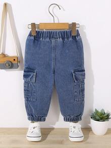 Pantalones largos de niña bebé de mezclilla lavada, diseño versátil con múltiples bolsillos, para uso casual y al aire libre