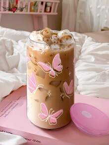 2 件/套蝴蝶盖吸管玻璃杯 - 大容量[450ML/15.22oz]罐形水瓶、冰咖啡杯、奶茶吸管杯、饮料吸管杯，送给朋友的最佳礼物！ - 彩色 - 查看 4