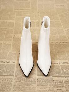 秋冬新款英伦风女式真皮踝靴，简约白色优雅粗跟踝靴，复古尖头金属侧拉链靴，粗跟切尔西靴，美式中跟西部靴，时尚短筒靴 - 白色 - 查看 7