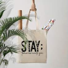 STAY Tomorrow Needs You Inspirational Tote Bag - Bold STAY Lettering In Purple/Red/Beige, Leakproof & Durable Polyester Shoulder Bag, Lightweight Reusable Grocery Bag Women, Everyday Commute, Travel, Shopping - Motivational Mental Awareness