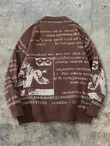 Unisex Retro Abstract Letter Pattern Knitted Cardigan, Casual European/American/Asian Style, Suitable For Spring, Autumn, Winter