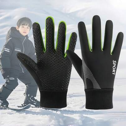儿童冬季雪地手套一双装 - 保暖内衬，加厚设计，男女通用，五指设计，罗纹袖口和透气手柄，适合滑雪、骑行和户外玩耍（混色），儿童冬季手套，时尚儿童装备，儿童运动手套