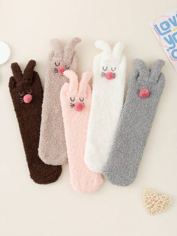 1/2/5 Pairs Kids/Girls Rabbit Ear Plush Mid-Calf Socks, Coral Fleece Soft & Comfortable Sleeping Socks, Quick Heating & Warm, Retro Fashion Versatile, Suitable For Winter Home/Daily Wear, Holidays Gift, Travel, Back To School, Campus, Sports, Classroom, New Semester, Students, Back To School Season