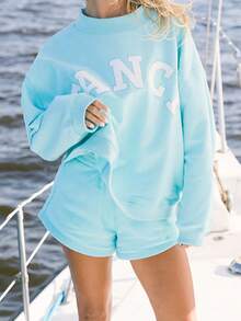 Conjunto Deportivo Casual para Mujer, Sudadera de Manga Larga con Bordado de Letras y Shorts de Pierna Ancha, Set de 2 Piezas Holgado - Azul - Ver 3