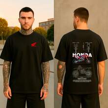 T-shirt masculina Streetwear Estampa de Moto de Corrida,Hondda Azul e Vermelha,Estiramento médio, manga curta, decote redondo-Envio Imediato - Preto - Visão 1