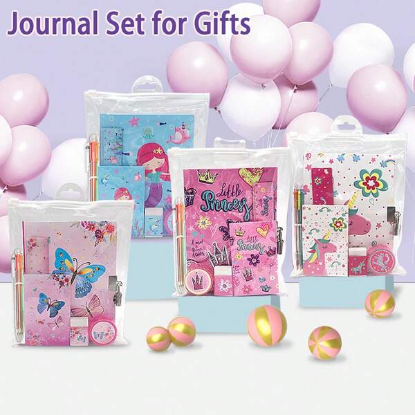 دفتر يومية للبنات مع قفل، طقم قرطاسية دفتر يومية للأطفال، مناسب للأطفال ما قبل المدرسة والمراهقين بأعمار 6 و 8 و 10 و 12 للتعلم والكتابة والرسم، هدية الحورية، مع دفتر ، لوح ملاحظات، 6 أقلام متعددة الألوان، مسطرة، ممحاة