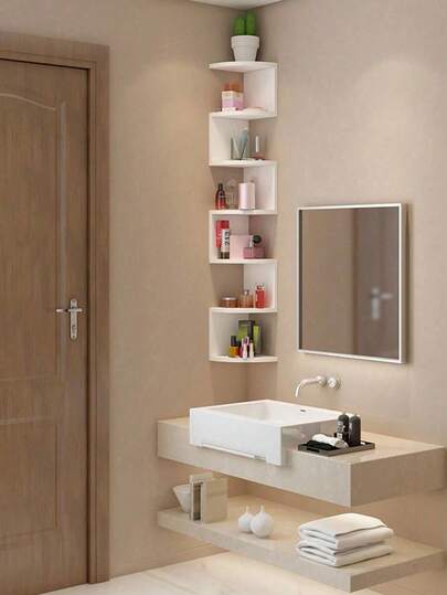 1 pieza Estantería de pared en esquina, estantes flotantes triangulares, estantería de almacenamiento multiusos para sala de estar, dormitorio, sin necesidad de perforar