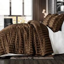 Whale Flotilla 3-Piece Reversible Silky Soft Comforter Set, Luxury Stripe Satin Comforters Full Size Bedding Set With 2 Satin Pillowcases, Lightweight Duvet Set All Seasons, Brown