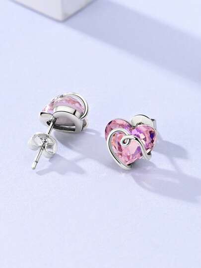 1 par de pendientes de plata de ley 925 originales con forma de corazón, con cristal morado y rosa incrustado, de estilo elegante, un regalo elegante que se adapta a diario, fiesta y compras