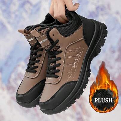 Botas de nieve para hombre - Tracción antideslizante, parte superior de PU y suela de MD, soporte de tobillo con cordones para senderismo, hielo, clima frío diario - Zapatos para exteriores negros, botas de senderismo, apariencia atlética, forro aislante, estilo de vida activo