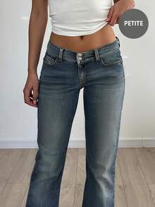 Y2K风格高腰纽扣修身水洗紧身牛仔裤，带口袋，适合返校、通勤和休闲穿着。 - 深色水洗藍 - 查看 5