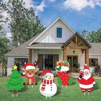 5pcs Christmas Yard Decor Set - Large Outdoor Signs , Plastic Design For Garden, Lawn & Holiday Party