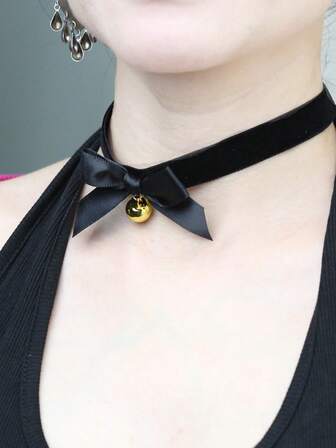 1pc Lace Bell Choker Necklace, Sexy Maid Costume Fishnet Bow Collar Necklace For Women, Used For Cat Role Play