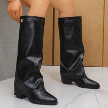 Women's New European And American Pointed Toe Shaft Boots, Autumn/Winter, Over-The-Knee, Versatile, Chunky Heel Western Cowboy Boots - Black - View 5