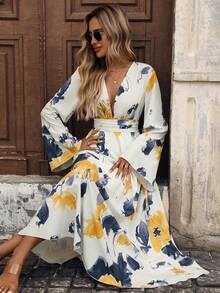 Women's Retro Floral Print & Leaf Pattern Long Dress