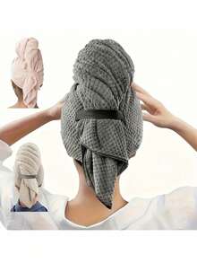 1条珊瑚绒菠萝纹理干发巾，加厚加长，速干，吸水性强，带松紧带，可作浴帽浴室装饰 - 彩色 - 查看 7