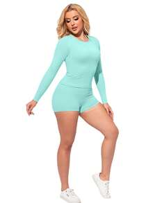 Women's Long-Sleeved Shorts Sports Suit - Skin-Friendly, Breathable, High-Elasticity And Slim Fit, Moisture-Wicking And Quick-Drying Without Being Stuffy, Available In Multiple Colors, Comfortable To Stretch During Yoga, Light And Windy When Running, Neat And Stylish When Working Out, And Comfortable And Casual At Home - màu xanh da trời - Xem 2
